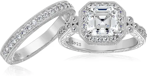 Miniatura 15 de Amazon Essentials Anillo antiguo de plata de ley chapada en platino o oro con circonita cúbica de elementos infinitos de corte Asscher