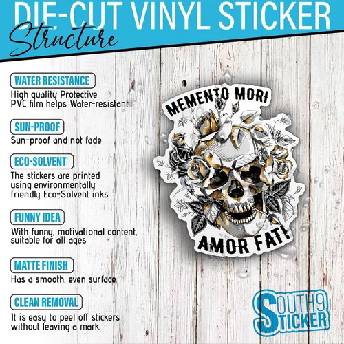 Miniatura 3 de Calcomanías de vinilo troqueladas con diseño de Memento Mori Amor Fati Skull Gold Roses Flowers para casco duro, botella de agua, laptop, monopatín