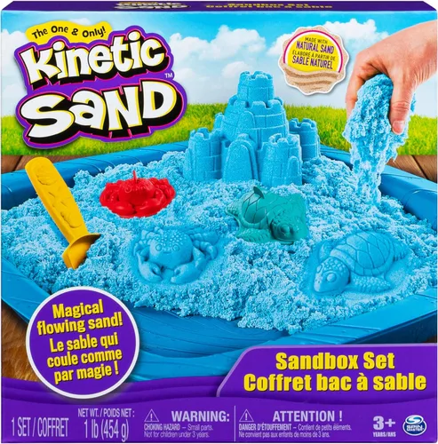 Kinetic Sand, juego de caja de arena para niños con 1 libra de arena azul natural y 3 moldes, juguetes sensoriales para niños a partir de 3 años