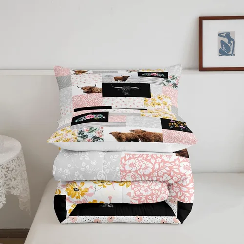 Miniatura 5 de Juego de ropa de cama de vaca de las tierras altas, edredón de ganado de las tierras altas, juego de edredón rosa floral de vaca occidental, juego