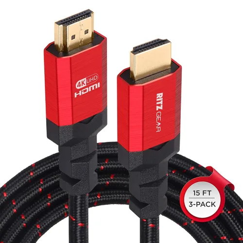 Miniatura 10 de Ritz Gear Cable HDMI 2.0 4K de 15 pies [paquete de 2] cable de nailon trenzado de alta velocidad de 18 Gbps y conectores dorados - 4K