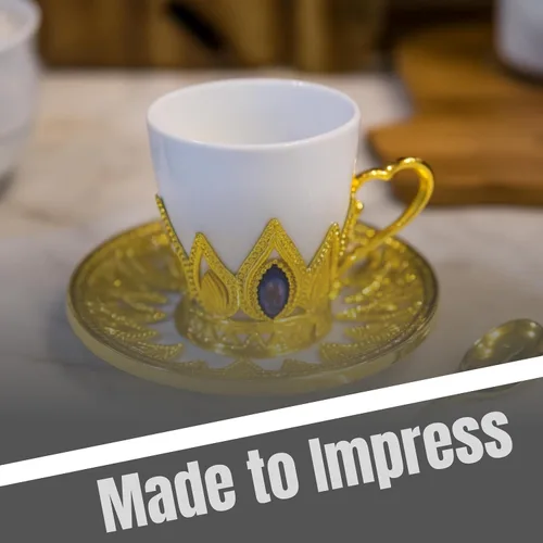 Miniatura 7 de Chandler Juego de tazas de café de porcelana blanca con acento acrílico dorado y gema azul, 6 tazas y 6 platillos, caja de regalo incluida (redonda)