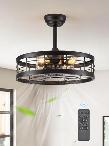 Miniatura 8 de LEDIARY - Ventilador de techo 16.5 pulgadas con jaula y luz, diseño industrial, estilo granja, para cocina, dormitorio, exterior, control remoto, 6