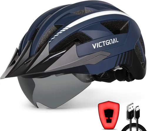 Miniatura 19 de VICTGOAL Casco de bicicleta con luz trasera recargable por USB, gafas magnéticas desmontables, visera solar extraíble, cascos de bicicleta