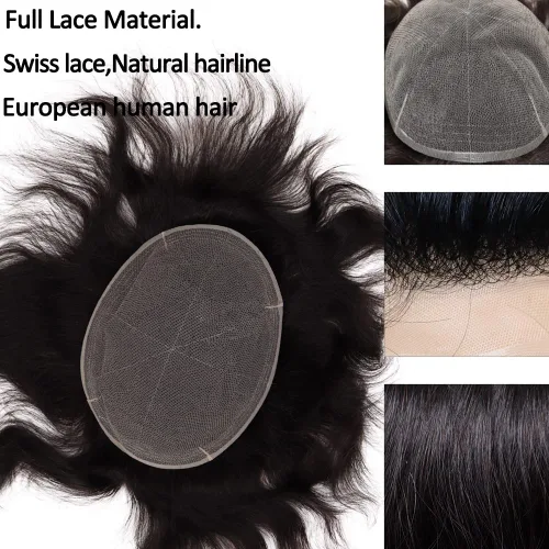Miniatura 2 de Tupé de cabello humano europeo para hombres, suave, completo, suizo, sistema de reemplazo de cabello, extensiones de cabello de 10 x 8 pulgadas, 1B