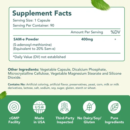 Miniatura 8 de SAM-e - Cápsulas de 400 mg – Suplemento SAM e de fácil absorción 400 mg de S-adenosil-metionina para el hígado cerebral y el estado de ánimo – Sin