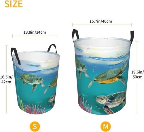 Miniatura 5 de Cesta circular con estampado de tortugas marinas y peces impermeable, cesta organizadora de lavandería, con asas, para ropa, juguetes, pequeña