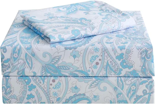 Miniatura 49 de JSD Juego de sábanas con estampado floral azul, tamaño Queen, 4 piezas, sábanas de microfibra con patrón suave, bolsillo extra profundo Sakura