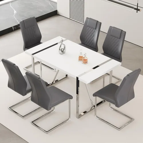 Miniatura 20 de Juego de mesa de comedor moderna de 55 pulgadas para 4, mesa de comedor negra y marco de metal dorado, mesa de comedor rectangular con 4 sillas