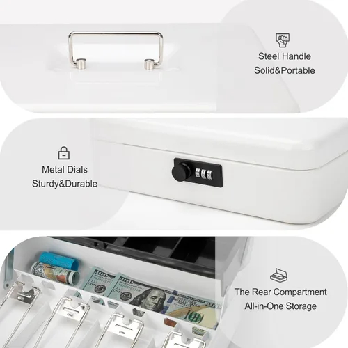 Miniatura 5 de Jssmst - Caja grande de seguridad de metal con bandeja para dinero; caja de dinero con cerradura de combinación, color blanco, SM-CB0511L Cerradura