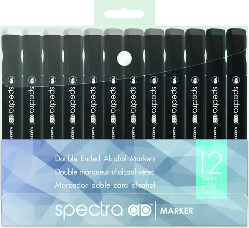 Chartpak Spectra AD Marcador, triple punta y pincel de doble punta, 12 colores grises fríos surtidos en estuche de plástico, 1 cada uno (SCGRAY1AD)