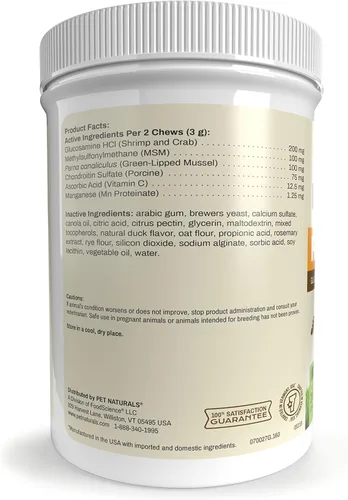 Miniatura 5 de Pet Naturals Suplemento de cadera y articulaciones con glucosamina, condroitina y MSM para perros y gatos, sabor a pato, 160 masticables