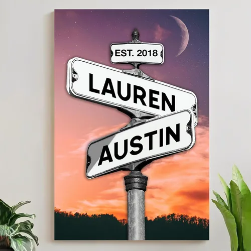 Miniatura 14 de Mapileng Lienzo personalizado de Crossroads Street Sign para parejas, nombres personalizados y fecha, arte de pared vintage, regalo del día de San