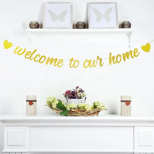 Miniatura 4 de Starsgarden Cartel dorado con purpurina "Welcome to Our Home" para inauguración de la casa, decoración militar patriótica, suministros para fiestas