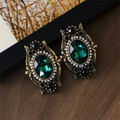 Miniatura 3 de Vintage Green CZ Stud Earrings for Women Antique Gold-Toned Cubic Zirconia Oval Crystal Shell Pearl Drop Studs Earring Boho Victorian Style Hollow