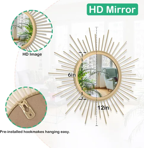 Miniatura 7 de Espejos Dorados para Pared Sunburst Decoración Arte Espejo Bohemio Hogar Redondo Moderno Espejo de Metal para Dormitorio Sala de Estar Pasillo Baño