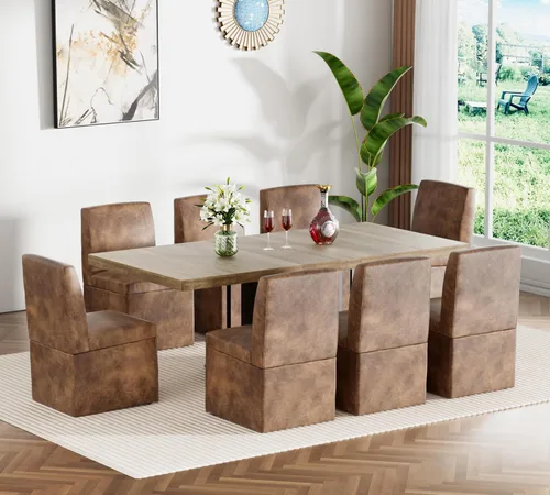 Miniatura 21 de Juego de mesa de comedor extensible para mesa de cocina extensible de 4, 5 piezas y 4 sillas de almacenamiento ocultas de lino tapizadas de madera