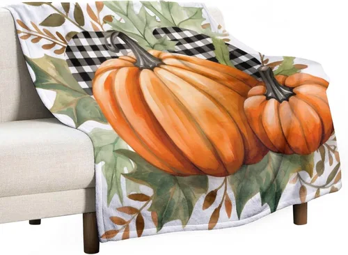 Miniatura 47 de Manta de lana cuadriculada con diseño de calabaza, hojas de arce, Acción de Gracias, manta de cama para otoño, Acción de Gracias, ligera, súper