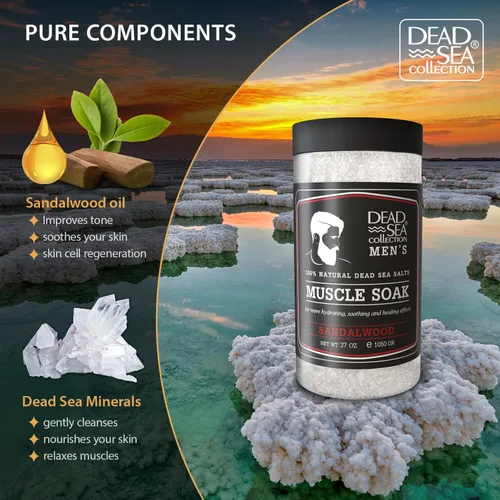 Miniatura 2 de Dead Sea Collection Sales de baño para hombres con aceite de sándalo, baño de recuperación muscular, sal pura del mar muerto para calmar y relajar