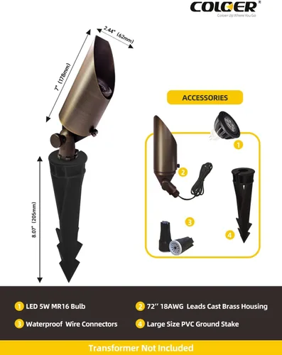 Miniatura 4 de COLOER Focos de Paisaje de Latón Fundido a Presión para Exteriores con Carcasa de Aluminio de 5W, Bombilla LED MR16 2700K 450LM, 12V AC/DC