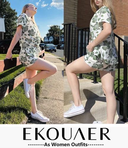 Miniatura 4 de Ekouaer Conjunto de 2 piezas de pantalones cortos de playa con estampado suelto y botones para mujer