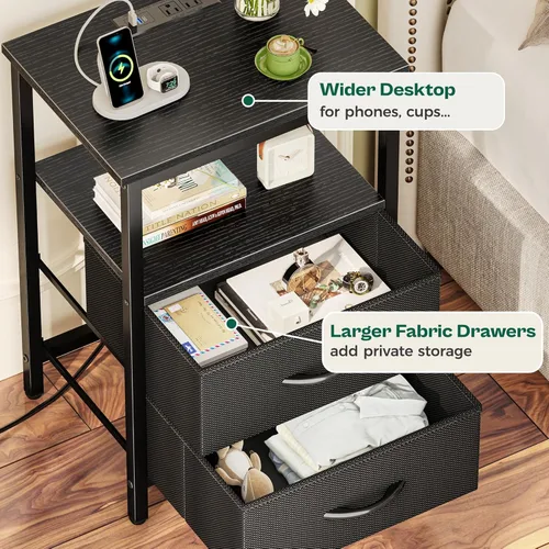 Miniatura 7 de Huuger - Mesita de noche con estación de carga y luces LED, mesita de noche con 2 cajones, mesa auxiliar de cama con estante abierto, mesa auxiliar