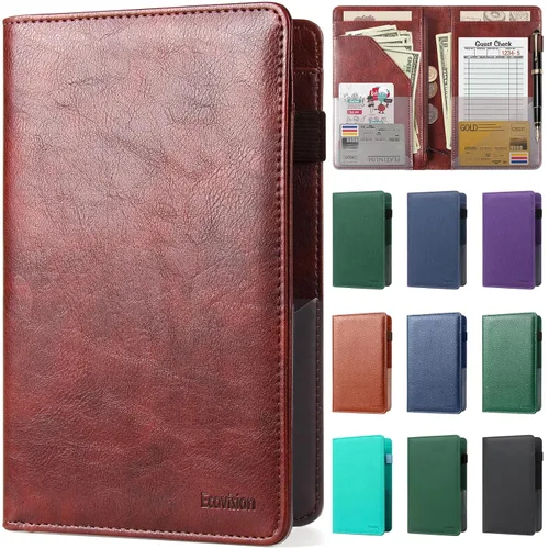 Miniatura 33 de Libreta de mesera para camarera, organizador de cuero con bolsillo con cremallera, folleto para personal de restaurante, soporte para cheques de Café