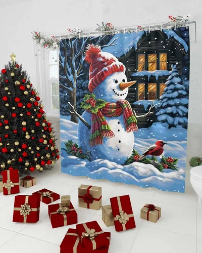 Miniatura 3 de Cortina de ducha con diseño de cardenales de muñeco de nieve para baño, casa de nieve de Navidad, pájaros rojos, lindo muñeco de nieve, sombrero