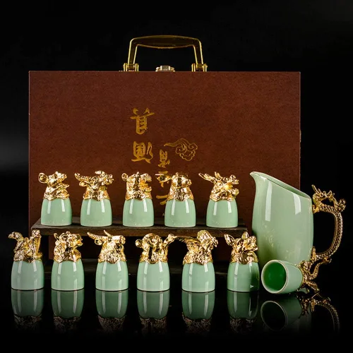Doce signos del zodíaco chino, 13 piezas, juegos de bar, licor de vino, porcelana, 1 pote 12 tazas, juego de obras de arte hechas a mano, cerámica,