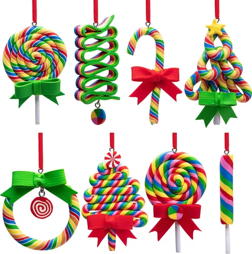Miniatura 10 de codree 8 piezas Adornos colgantes de piruleta de Navidad - Adornos de caramelo para árbol de Navidad - Adorno de arcilla polimérica de caramelo