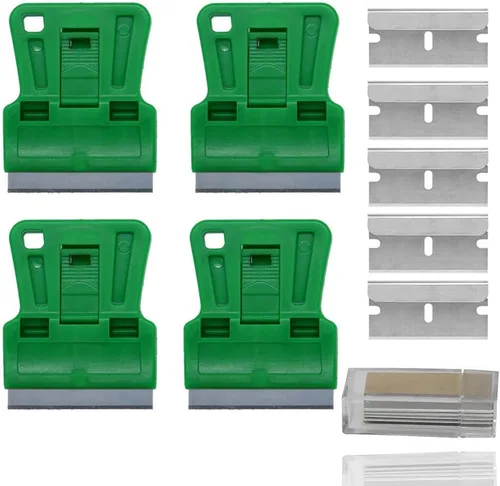 Mini raspador de plástico para ventana verde con 5 cuchillas de afeitar de metal de repuesto para la eliminación de etiquetas de papel tapiz