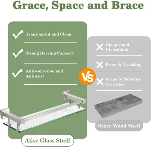Miniatura 6 de Estantes de vidrio Alise para pared de baño, estante de baño de vidrio templado montado en la pared, estantes flotantes modernos que ahorran espacio