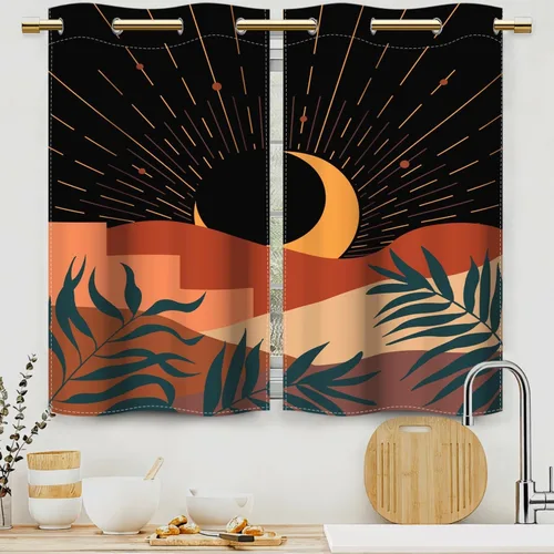 Miniatura 16 de Cortinas bohemias de cocina, diseño abstracto de mediados de siglo, arco negro, cortinas rústicas cortas para ventana de comedor, caravana, 21 x 45