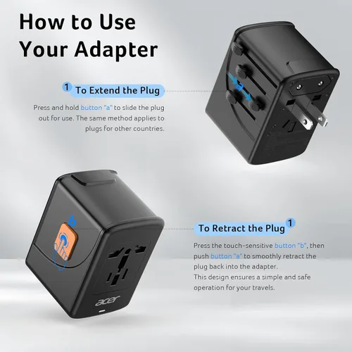 Miniatura 8 de Acer Adaptador de enchufe de viaje universal - Adaptador de corriente internacional con 5 puertos USB (3 USB C) 5.8A, cargador de salida mundial