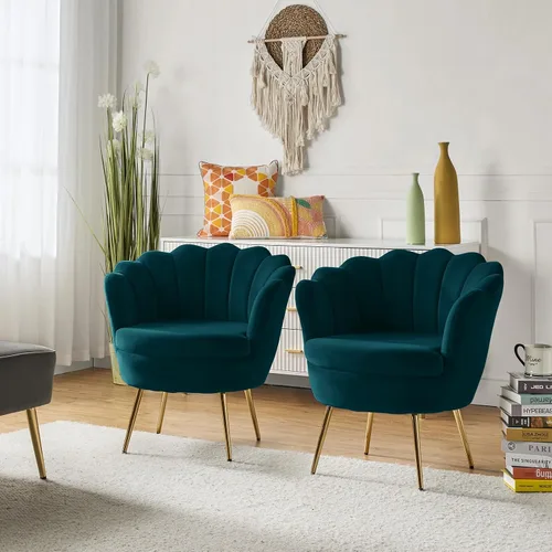 Miniatura 20 de HULALA HOME Silla decorativa moderna de terciopelo con respaldo en forma de concha, bonito sillón para sala de estar, dormitorio con patas doradas