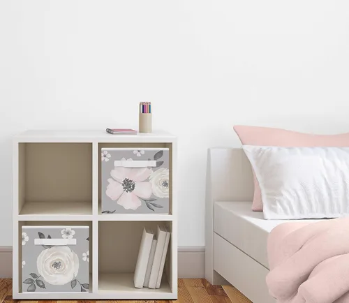 Miniatura 2 de Sweet Jojo Designs Cajas de almacenamiento plegables de tela con diseño floral de acuarela gris, cajas organizadoras de juguetes para niños y bebés