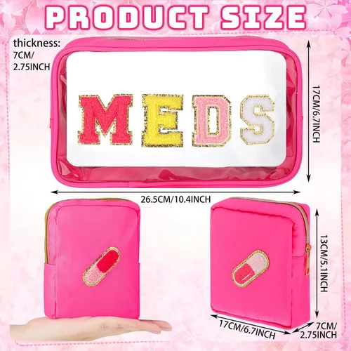 Miniatura 3 de Hillban 2 bolsas medicinales de chenilla con parche de letras, bolsas de viaje, de nailon transparente, bolsas de maquillaje portátiles