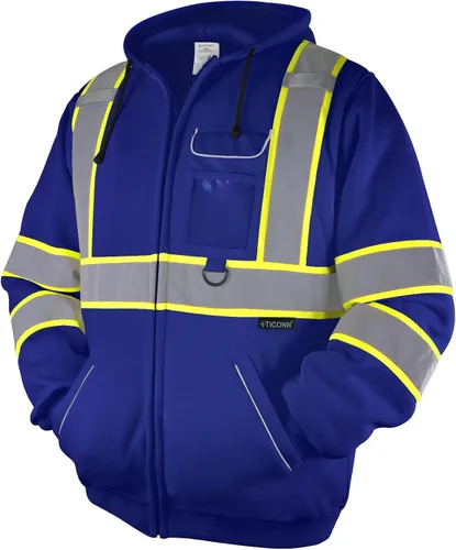 TICONN Chaqueta con capucha de seguridad, sudadera con capucha reflectante de alta visibilidad, equipo de PPE para clima frío cumple con ANSI III