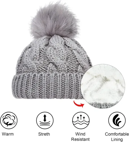 Miniatura 3 de YSense Wear 2 Pack Toddler Kids Winter Warm Fleece Lined Beanie Hats for Boys and Girls Crochet Hairball Knit Cap 1-6 Years