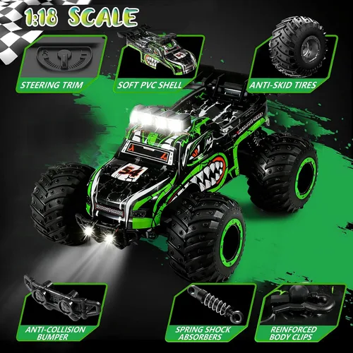 Miniatura 6 de Camión monstruo con control remoto para niños: coche RC todoterreno con faros y luces en el cuerpo, 1:18, 20 km/h, tracción a 2 ruedas, 2.4 GHz