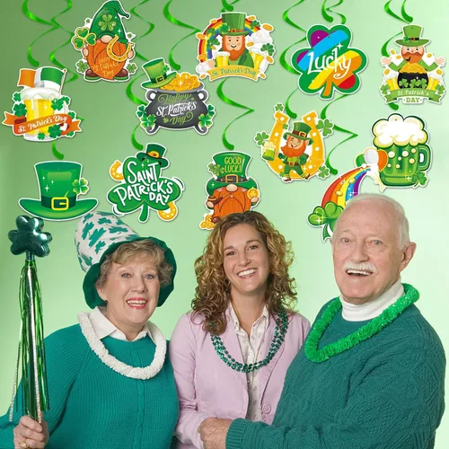 Miniatura 5 de Decoraciones de fiesta del día de San Patricio, guirnalda de serpentinas - 12 piezas de pancarta verde decoración de trébol Gonme sombrero colgante