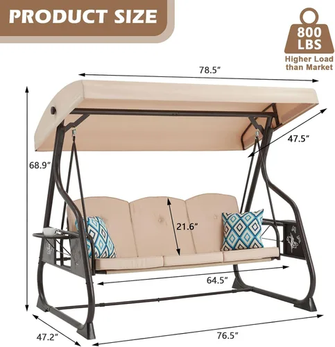 Miniatura 7 de ZZW Silla de columpio para patio de 3 asientos, 800LBS, columpio al aire libre con soporte, con dosel y respaldo ajustable, silla columpio