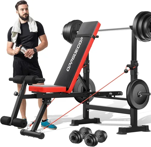 OPPSDECOR 6 in 1 900LBS Weight Bench with Leg Extension and Leg Curl, Foldable Bench Press Set and Squat Barbell Rack with Preacher Curl, Adjustable