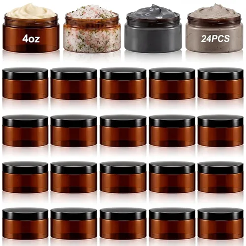 Miniatura 52 de Dandat 24 piezas 8 oz botes de plástico con tapa y etiqueta. Recipientes de muestra de cosméticos redondos ámbar PET recargables y vacíos para Ámbar