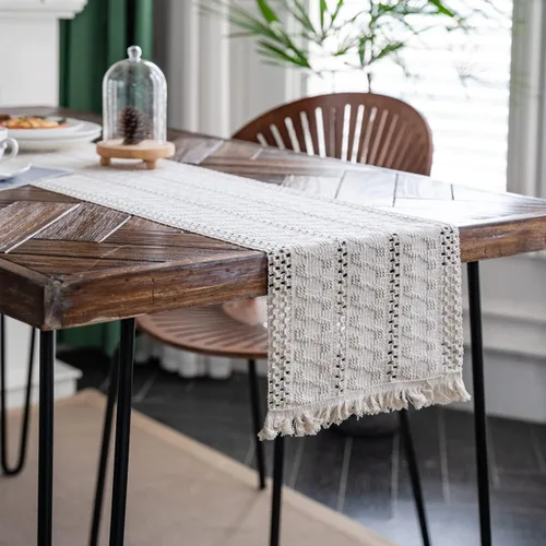 Miniatura 3 de Camino de mesa de macramé, color beige crema, bohemio, con borlas, camino de mesa de algodón tejido a mano, camino de mesa rústico para cocina
