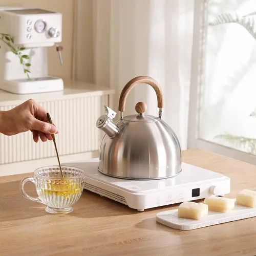 Miniatura 6 de Hervidor de té de acero inoxidable 18/8 para estufa (2L / 2.1 cuartos, tetera silbante, mango de madera) - Plateado