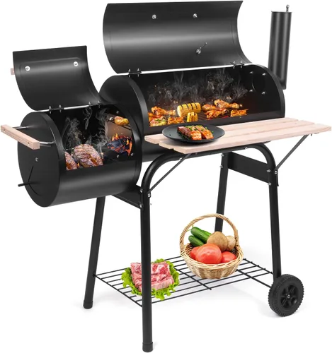 Outvita Parrilla de carbón y ahumador offset, cocina de barbacoa de patio al aire libre con ruedas, horno portátil para barbacoa en el patio trasero