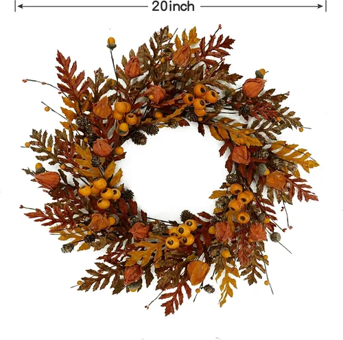 Miniatura 3 de WreathDream Corona de otoño de 20 pulgadas, corona de hojas de roble con capa de grosella, hoja de roble, bellota, baya, cono de pino para puerta