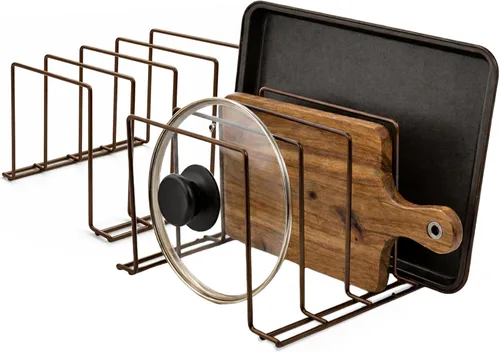 Stock Your Home Organizador de gabinete de cocina, bronce (paquete de 2) soporte de acero para hornear con 4 ranuras para gabinete, organizador de