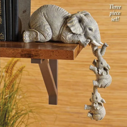 Miniatura 3 de Juego de 3 estatuas de elefante, resina para colgar 2 elefantes en el borde, escultura de elefantes de la suerte colgando del borde de un estante